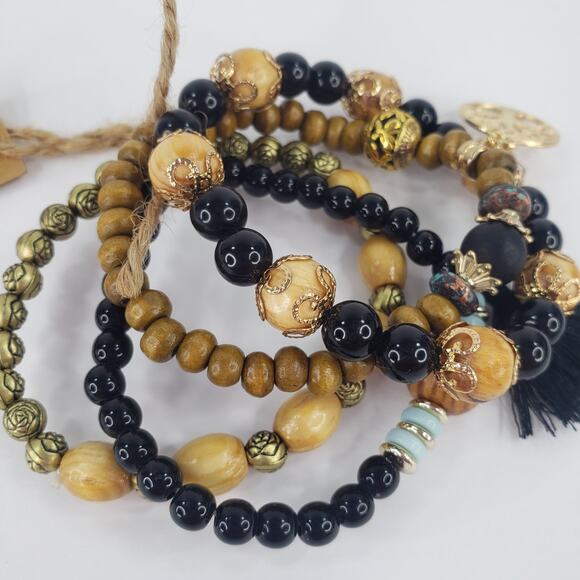 Black Beaded Boho Stretch Bracelet 4 pc Tree of Life Charm Bohemian One Size - Picture 9 of 9